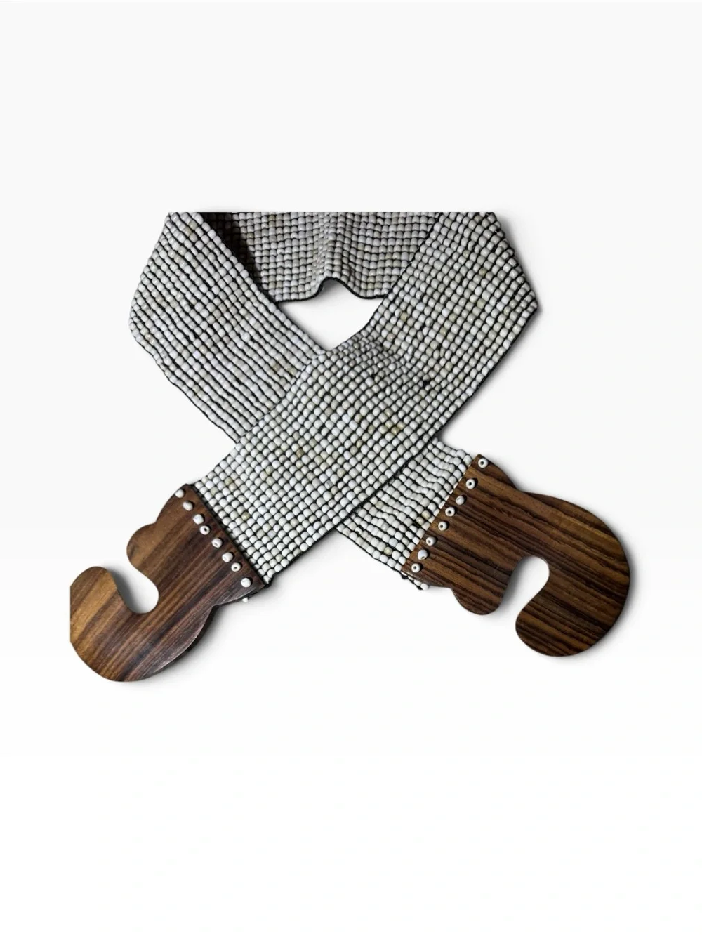 Anthropologie Wide Ivory Beaded Stretch Belt with Brown Wood Buckle